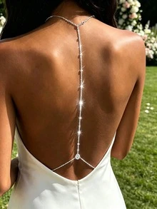 1pc Bridal Backless Rhinestone Water Drop Body Chain Waist Belt Necklace, Suitable For Women, Mom, Girlfriend, Summer Beach Body Jewelry - Silver - View 1