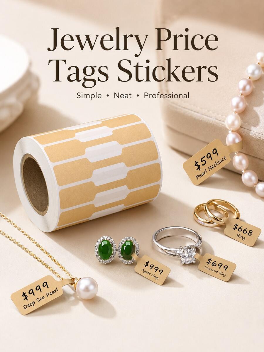 OBOVAY Jewelry Price Tag Stickers Roll, 500pcs Self-Adhesive Kraft Dumbbell Labels, Blank Rectangle Tags For Necklace, Earrings, Rings, Bracelets & Clothing Display, Retail Pricing And Identification Stickers - Multiple Styles - View 1