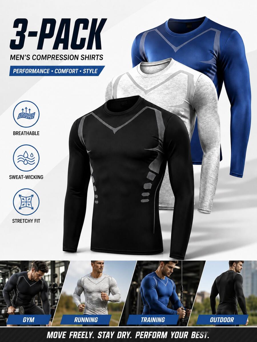 3pcs Men's Compression Long Sleeve Shirts, Quick-Dry Breathable Sports Base Layer, Fitness Running Cycling Innerwear, All-Season Daily Sports Top