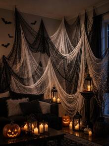 6/3/1pc Black/White Halloween Spooky Gauze, Porch Decor, 30x72 Inch Halloween Tablecloth Gauze, Suitable For Halloween Home Decor And Gothic Wedding Supplies - Black and White Gauze - View 5
