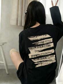 Women's Loose Round Neck Fashion Casual Graffiti Letter Print Comfortable Long Sleeve T-Shirt, Spring/Autumn Black - Black - View 2