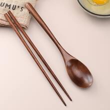 1pc Wooden Spoon & 1pair Chopsticks, Kitchen, Christmas Gift,School Supplies - Brown - View 6