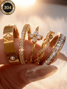 ZCNC Znice 304 Stainless Steel + Copper 18K Gold Plated Stackable Ring Set, Women's Style, 5pcs Clover, Full Rhinestone And Enamel Heart Sparkling Rings, Hypoallergenic Minimalist Jewelry, Perfect Mother's Day Gift, Summer Vacation Accessory - Gold - View 10