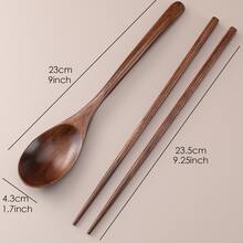 1pc Wooden Spoon & 1pair Chopsticks, Kitchen, Christmas Gift,School Supplies - Brown - View 2