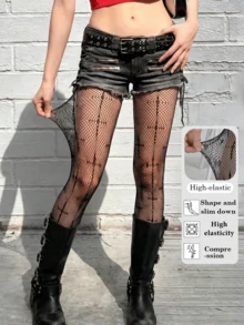 1 đôi quần tất lưới nữ phong cách Punk họa tiết chữ thập tối màu, rỗng, cao quá gối, Gothic gợi cảm, mỏng xuyên thấu, cạp cao, dáng Stirrup - Nhiều màu - Xem 1