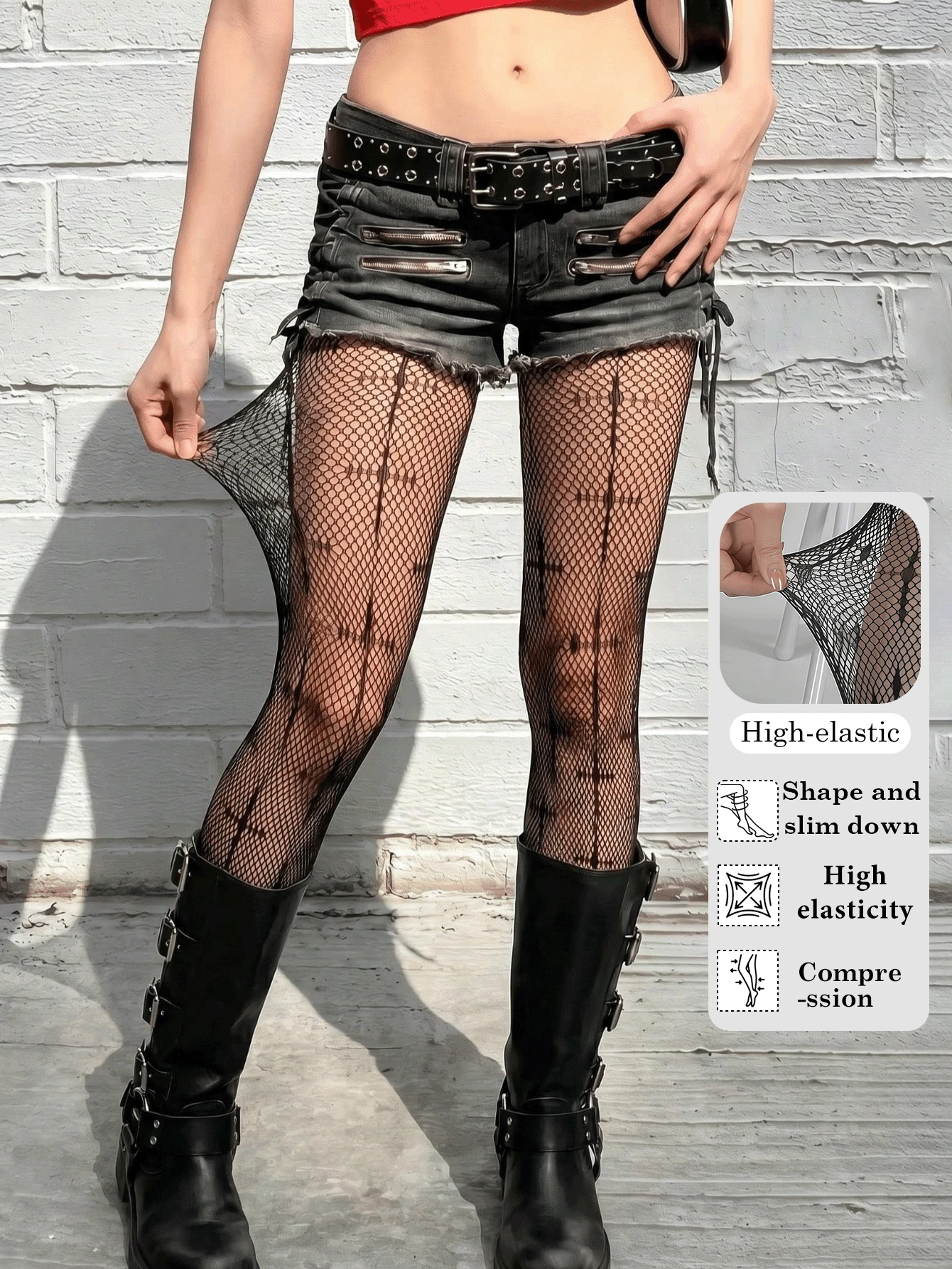 1 đôi quần tất lưới nữ phong cách Punk họa tiết chữ thập tối màu, rỗng, cao quá gối, Gothic gợi cảm, mỏng xuyên thấu, cạp cao, dáng Stirrup - Nhiều màu - Xem 1