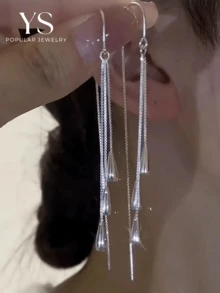 1雙甜美優雅風格銀色流蘇水滴耳環,掛鉤式耳環,簡約設計,適合女性日常佩戴 - 銀色 - 查看 8