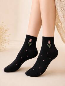 5 Pairs Random Floral Lightweight Short Socks, Soft And Comfortable, Suitable For Daily, Work, Campus, Casual Wear - Multicolor - View 4