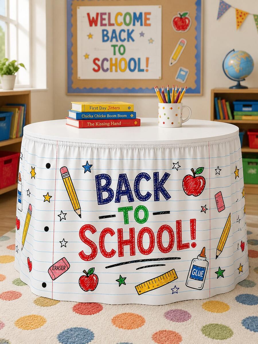 1 buah Rok Meja Bundar Bertema Kembali ke Sekolah, Motif Kertas Buku Catatan, Pensil, Apel, Penggaris, Lem, Rok Meja dengan Tepi Elastis untuk Pesta Kelas, Dekorasi Perlengkapan Guru, Acara Sekolah - MultiWarna - View 1