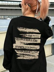 Women's Loose Round Neck Fashion Casual Graffiti Letter Print Comfortable Long Sleeve T-Shirt, Spring/Autumn Black - Black - View 3