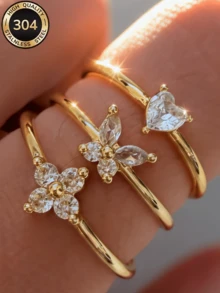 ZCNC Znice 3pcs/Set Cincin Tumpuk Tembaga Berlapis Emas 18K, Cincin Keberuntungan Wanita Bentuk Daun Semanggi Empat, Kupu-kupu Mewah, Berlian Imitasi Berbentuk Hati, Cincin yang Dipersonalisasi, Perhiasan Minimalis Hipoalergenik, Hadiah Hari Ibu yang Sempurna, Aksesori Liburan Musim Panas - Emas - View 3