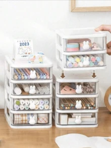 1 Piece Cute Rabbit Desktop Storage Box, Rabbit Drawer Type Stationery Organizer, Mini Acrylic Figurine Display Box, Cosmetics And Jewelry Storage Box, Suitable For Dormitories, Bedrooms, Dressing Tables Or Offices, Is An Ideal Gift For The Opening S - A - View 5