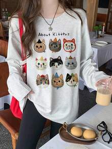 Women's Autumn Loose Fit Versatile Round Neck Fashion Casual Cat Pattern Letter Print Comfortable Long Sleeve T-Shirt - Light Gray - View 4