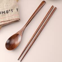 1pc Wooden Spoon & 1pair Chopsticks, Kitchen, Christmas Gift,School Supplies - Brown - View 1