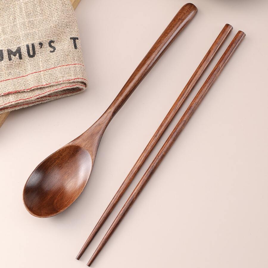 1pc Wooden Spoon & 1pair Chopsticks, Kitchen, Christmas Gift,School Supplies - Brown - View 1