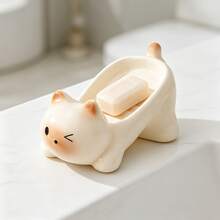 Cute Cartoon Cat Draining Soap Dish, Soft Silicone Rubber Kitten Soap Holder, Bathroom Sink Organizer Storage Decor - Amber-Soap Box - View 4