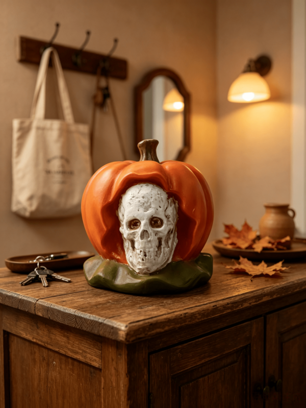 1pc Pumpkin Skull Decorative Statue, Vintage Halloween Desktop Ornament, Autumn Harvest Home Desk Entryway Decor, Eerie Gothic Style Party Indoor Decoration