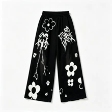 Dark Gothic Letter & Floral Print Wide Leg Pants, Unisex Drawstring Elastic Waist Y2K Loose Straight Leg Casual Sweatpants - Black - View 5