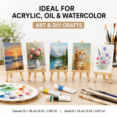 10pcs/Set (10pcs=5 Easels + 5 Canvases) Canvas And Easel Combo Set, Includes 5pcs 5"X7" Square Canvases And 5pcs Easels, Canvas Board And Wooden Easel Set, 3mm Thick Painting Board With Mini Wooden Display Easel, Suitable For Acrylic Paint, Watercolor DIY Art Crafts