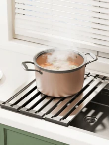 Rejilla de drenaje de fregadero de acero inoxidable 304, estante de almacenamiento de platos de fregadero, estante para cuencos, cesta de drenaje plegable y extensible, estante de almacenamiento de cocina ahorrador de espacio, alfombrilla resistente al calor, - Multicolor - Ver 7