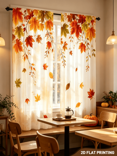 2pcs Autumn Leaf Falling Curtains, Home Decor, Orange-Red Maple Leaf Branch Pattern, Natural Landscape Style, Seasonal Window Decor, Suitable For Living Room, Bedroom, Kitchen Decoration