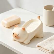 Cute Cartoon Cat Draining Soap Dish, Soft Silicone Rubber Kitten Soap Holder, Bathroom Sink Organizer Storage Decor - Amber-Soap Box - View 5
