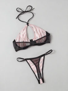 yalisi 1 Set/2 Pcs Pink Women's Push-Up Underwire Bra And Panty Lingerie Set, Halter Neck, Backless, Butterfly Floral Print - Multicolor - View 3