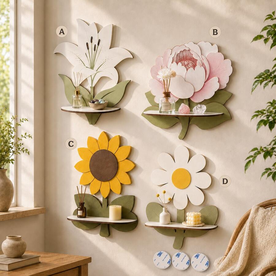 2D Flat, 1pc Bohemian Style Wall Shelf, Sunflower Floral Design, Suitable For Room, Living Room, Office, Flower Shop And B&B/Cafe Decoration - Plant/Toy Display Shelf - A - View 1