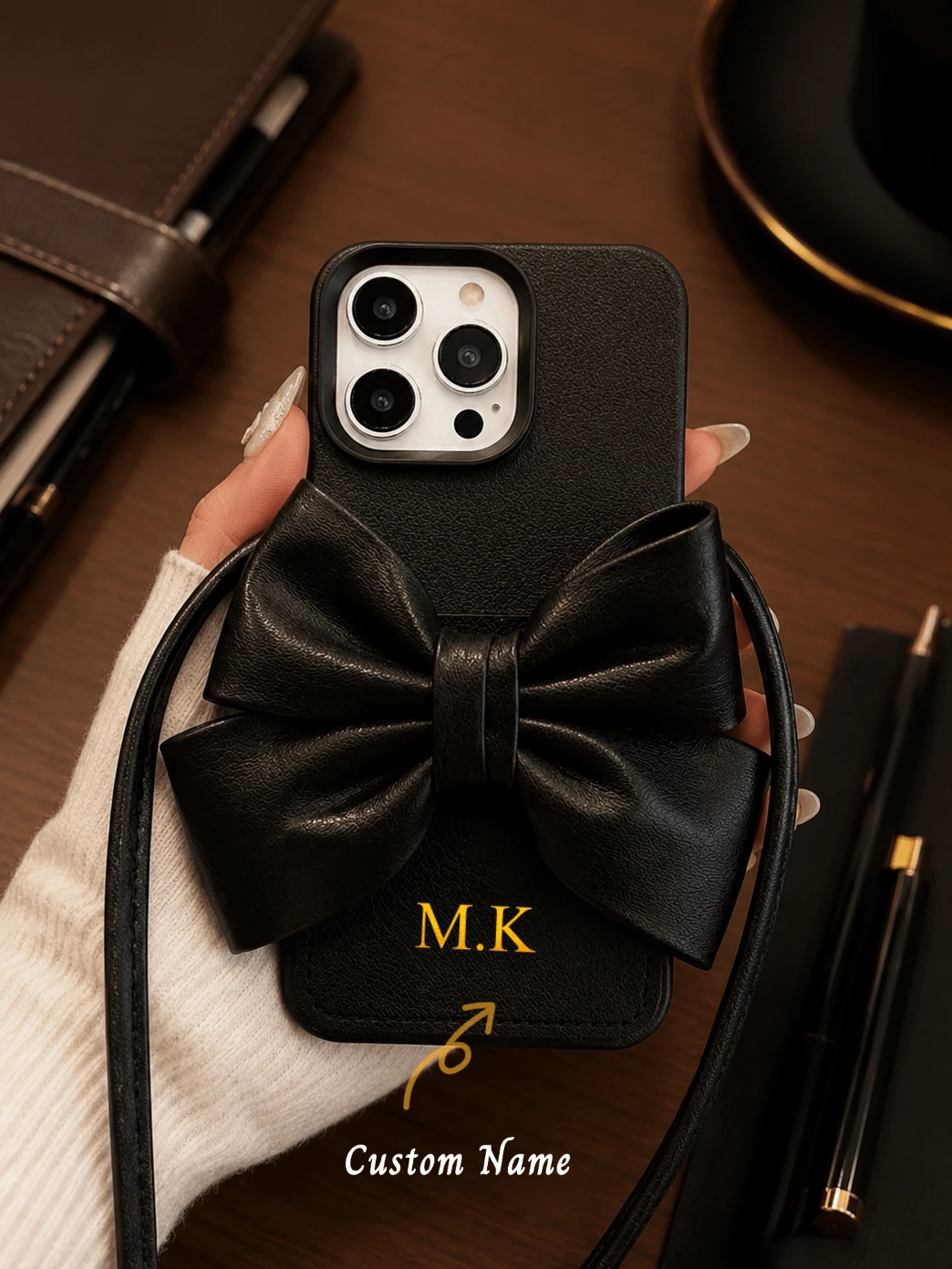 Customized Letter Name Faux Leather Bow Crossbody Card Holder Lanyard Phone Case, Compatible With Apple, Suitable For Daily Use And Outdoor Carrying, Shockproof, Anti-Drop, Anti-Scratch Card Slot Phone Case, Great Birthday Gift, Christmas Gift, Personalized Gift For Women - Black - View 1