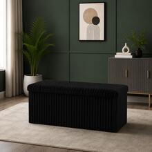 Aafan Ribbed Velvet Large Ottoman Storage Bench, Folding Ottoman Storage Box, Footstool Or Storage Chest With Lid For Bedroom, Wooden Box Fleece Cover - Negro - Ver 7