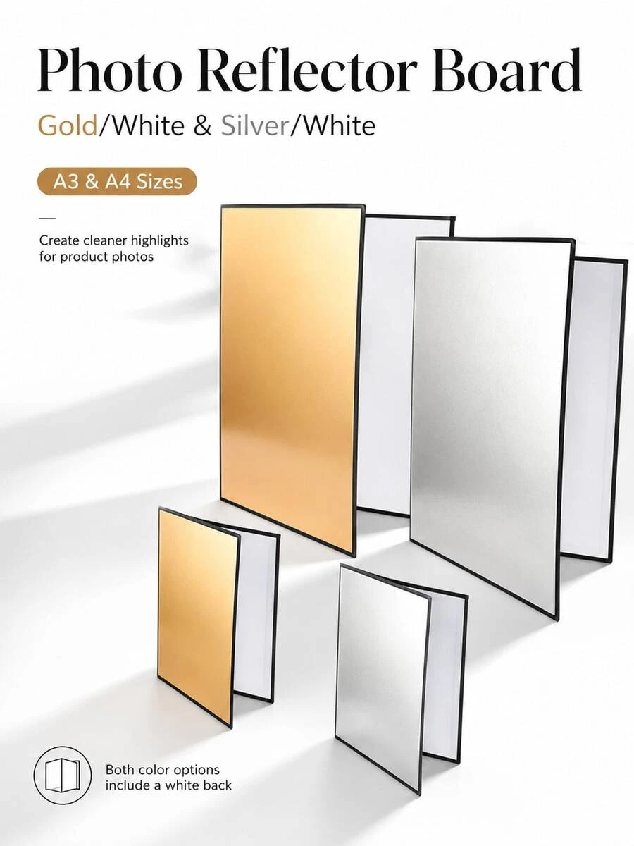 Foldable Self-Standing Photography Reflector, Double-Sided Gold/White Or Silver/White Light Reflecting Card, A3/A4 Desktop Light Shaping Board, Suitable For Jewelry, Perfume, Cosmetics And Product Photography - View 1