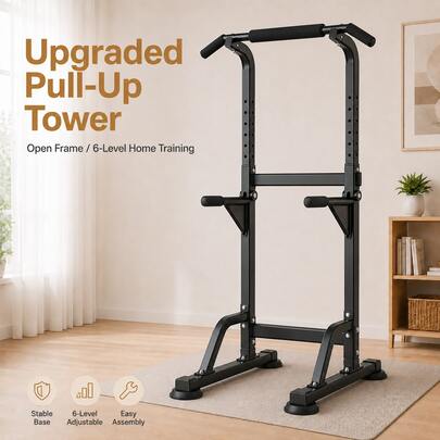 Adjustable Power Tower Pull-Up Bar Dip Station, 6-Level Height Home Gym Strength Training Stand With Backrest, Foam Grips, Reinforced Base For Pull-Ups, Dips, Knee Raises & Push-Ups