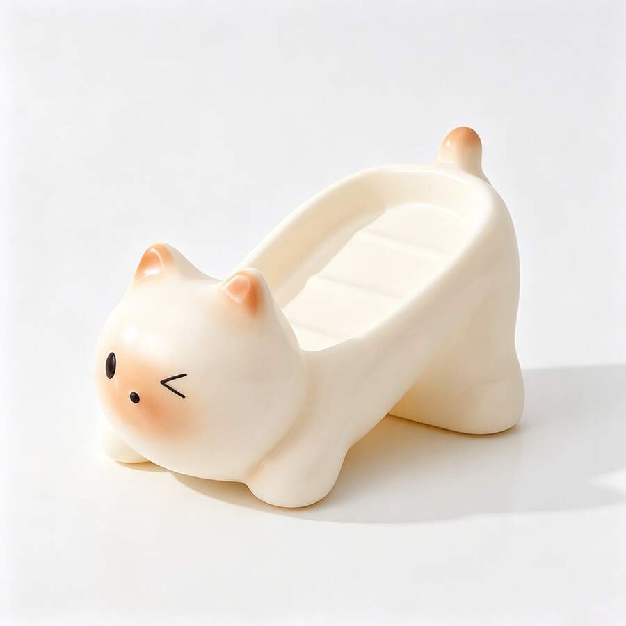Cute Cartoon Cat Draining Soap Dish, Soft Silicone Rubber Kitten Soap Holder, Bathroom Sink Organizer Storage Decor - Amber-Soap Box - View 1