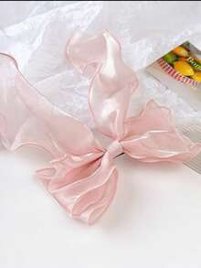 1 Sweet Pink Princess Mesh Oversized Bow Wave Streamer Spring Clip Spring Elegant Gentle Half-Up Hair Clip Hair Accessory - Pink - View 2