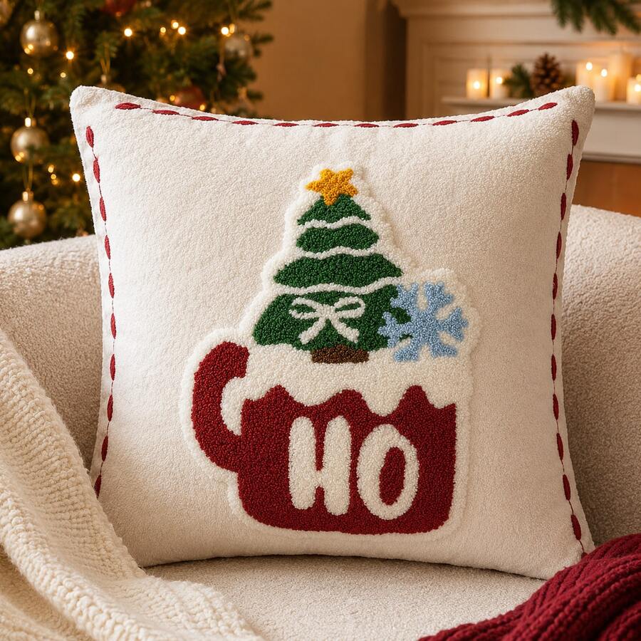 1pc Christmas Tufted Embroidery Pillow Case, 18x18 Inch Soft Plush HO HO HO Reindeer Holiday Cushion Cover, Festive Winter Home Decor, Suitable For Sofa Bed, Hidden Zipper, Without Insert - Beige - View 1