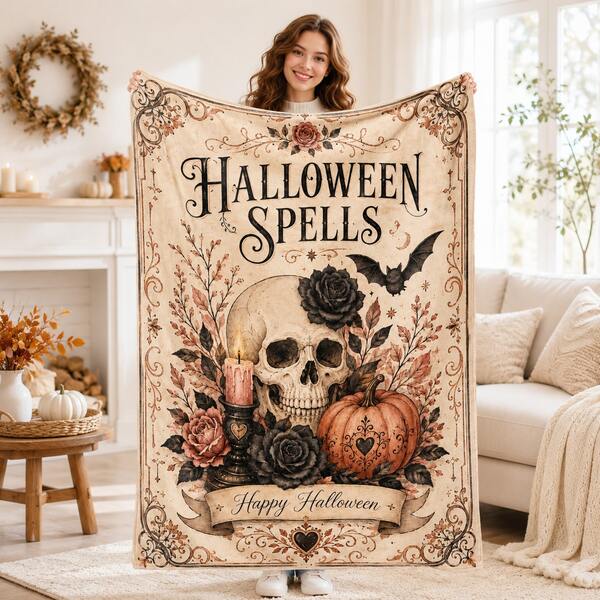 1pc Halloween Theme Vintage Skull Bat Pumpkin Floral Flannel Blanket, Soft And Warm Blanket For Nap, Suitable For Sofa, Office, Bed, Camping, Travel, Multi-Purpose Holiday, Birthday, Daily Gift Blanket