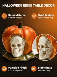 1 pieza Figura de calabaza con calavera aterradora, decoración de terror realista naranja, estatua de escritorio de Halloween, decoración interior de chimenea de otoño, regalo de graduación, centro de mesa para fiesta de Halloween, acento popular de habitación gótica oscura - Multicolor - Ver 2