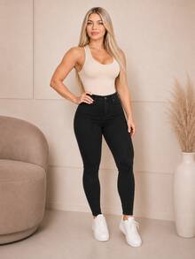 Women's Skinny High-Waisted Jeans With Lycra And Push-Up Effect Basic - 純黑色 - 查看 3