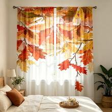 2 Stück große transparente Herbst-Ahornblatt-Vorhänge, Aquarell-Herbstzweig-Muster lichtfilternde Fenstergardinen, halbtransparente Vorhangpaneele für Wohnzimmer Landhaus-Heimdekoration - Verschiedenfarbig - Übersicht 7