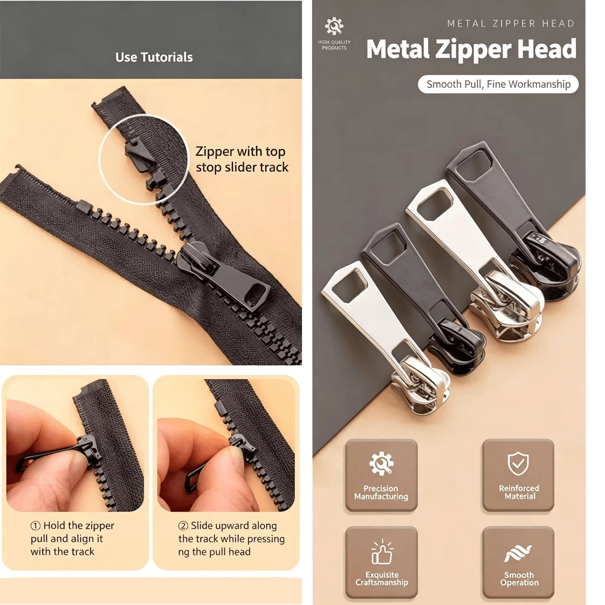 EDCUEBE7 6pcs Zipper Pulls (Size 3, 5, 8) Zinc Alloy Ready-To-Use Universal Sewing Zipper Repair Kit With Buckle And Hook, Durable Metal Zipper Replacement Set For Jackets, Bags And Clothing