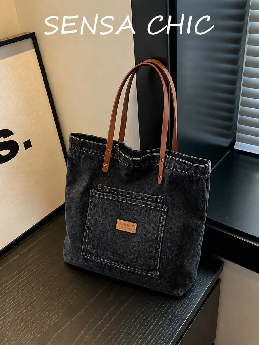 Tas Tote Besar Denim Hitam Pudar, Tali Bahu PU Cokelat Kontras, Dua Kantong Depan Berlapis, Tas Tangan Kasual, Cocok Untuk Sekolah, Kerja, dan Perjalanan