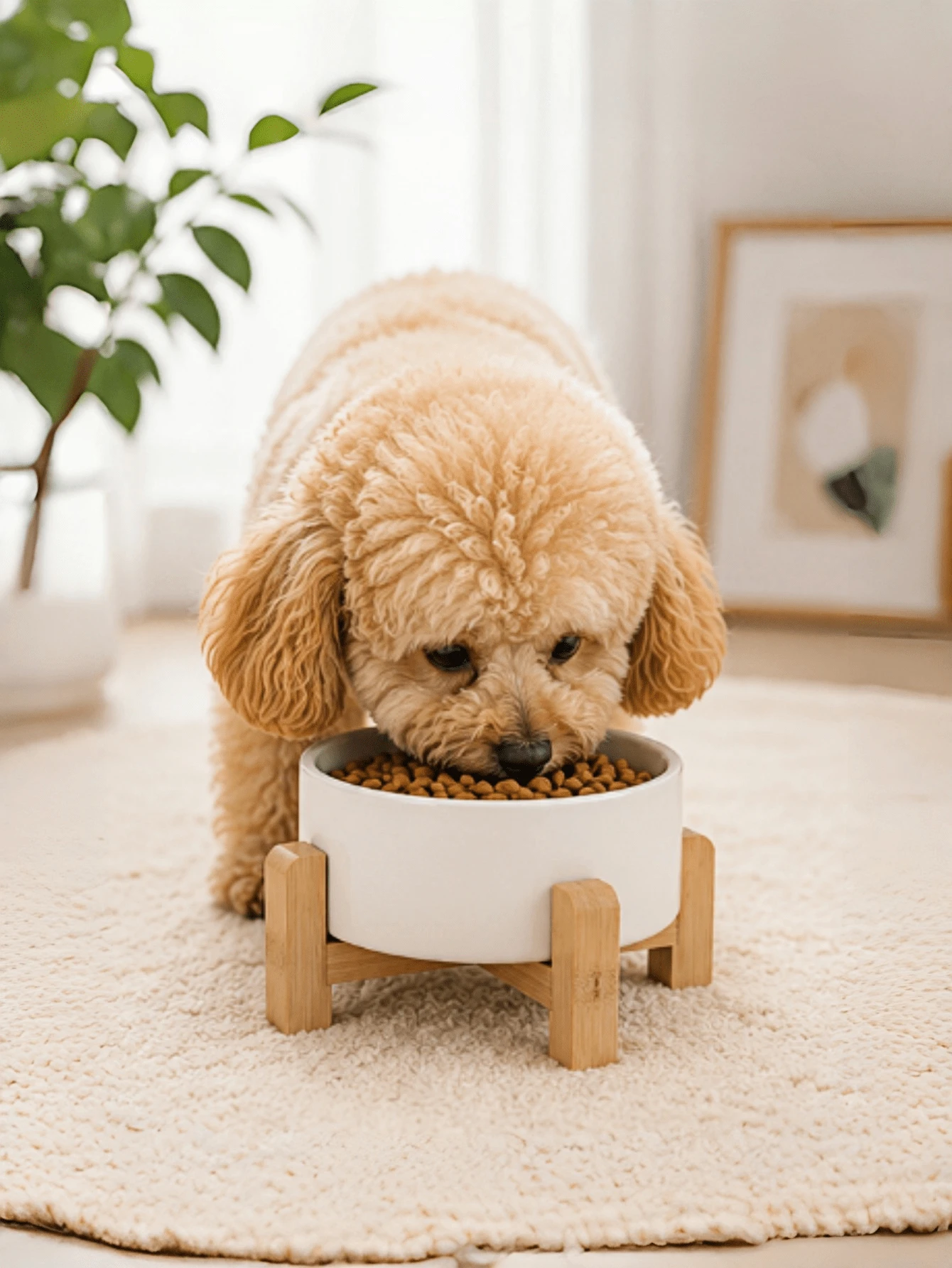 Ceramic Dog Bowl Set With Wooden Base, 13.53 Oz Capacity, Anti-Slip Feature, Suitable For Small Dogs, Medium Dogs, Large Puppies, Cats, Golden Retrievers And Other Pets