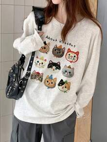 Women's Autumn Loose Fit Versatile Round Neck Fashion Casual Cat Pattern Letter Print Comfortable Long Sleeve T-Shirt - Light Gray - View 5
