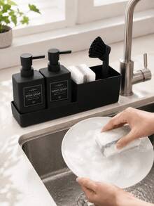 11pcs-Matte Black Kitchen Soap Dispenser, With Brush, Sponge Holder Set, Suitable For Kitchen Sink Hand Soap And Dish Soap Dispenser - Multicolor - View 11