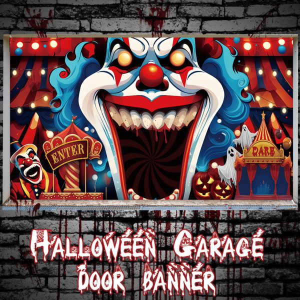 1 pièce Toile de fond de porte de garage d'Halloween, avec un design de clown maléfique, de cirque, de citrouille et de fantôme, comprend une corde de 6 mètres, parfait pour les patios extérieurs, les fêtes d'Halloween effrayantes, Halloween, les anniversaires et la photographie de mariage.