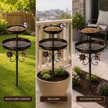 Allvendra Double-Tier Bird Bath And Bird Feeder Garden Stake, Outdoor Metal Bird Water Bowl And Seed Tray With Decorative Flower Butterfly Design For Yard, Patio, Lawn And Garden Decor - Outdoor Metal Bird Bath and Seed Tray Set - View 2