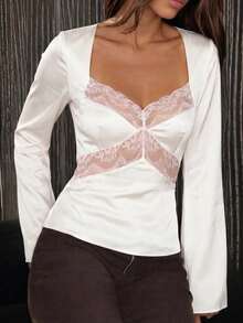 Square Neck Lace Patchwork Satin Long Sleeve Top White - White - View 2