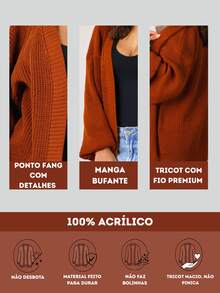 Women's Knitted Cardigan With Puff Sleeves, Elegant, Casual, Terracotta - 陶土 - 查看 5