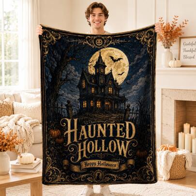 1 buah Selimut Flanel Motif Rumah Hantu Gelap Bertema Halloween, Selimut Tidur Siang yang Lembut dan Hangat, Cocok untuk Sofa, Kantor, Tempat Tidur, Berkemah, Perjalanan, Liburan Serbaguna, Ulang Tahun, Selimut Hadiah Harian