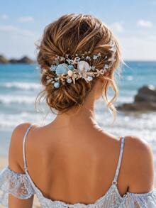 1 Buah Sisir Rambut Putri Duyung Laut, Jepit Rambut Kawat Emas Buatan Tangan Berbentuk Bintang Laut Kerang Biru Muda dengan Kristal Mutiara untuk Pernikahan Pantai dan Liburan Musim Panas - Baby Blue - View 1